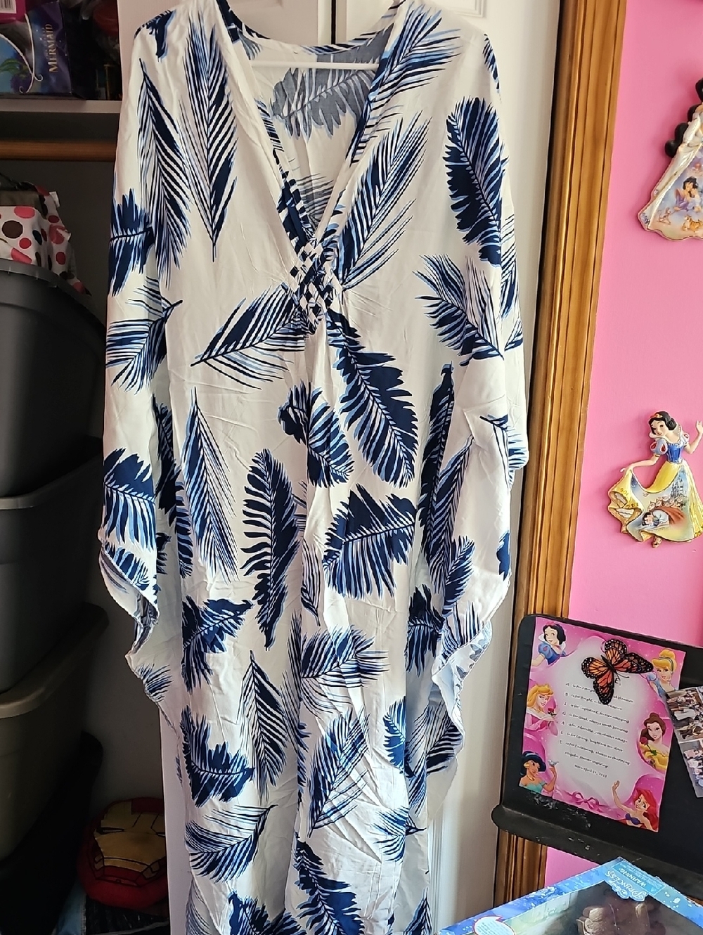 Blue Palm Leaf Beach Cover-Up Caftan